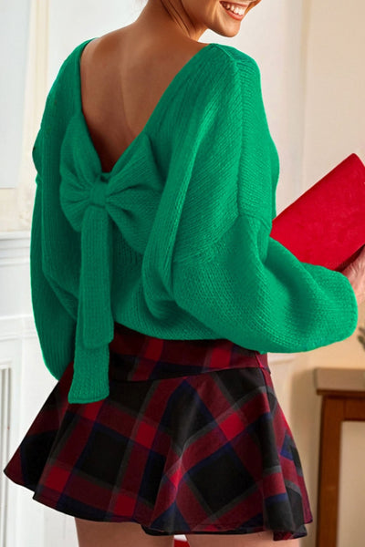 Women's Emerald Green Backless Bow Sweater with Bubble Sleeves