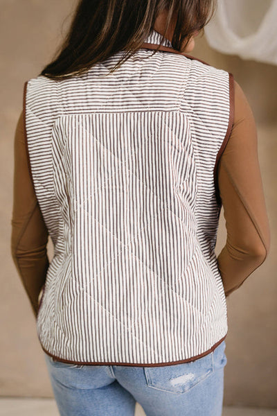 Plus Size Women's Brown Striped Quilted Vest with Wavy Hem & Snap Buttons Trendy Layering Essential for Fall