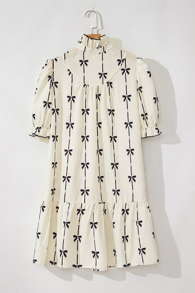 Women's Vintage Bow Print Tiered Mini Dress with Puff Sleeves