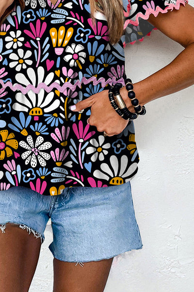 Women's Summer Blue Floral Blouse with Notched Neck, Short Sleeve, and Ricrac Trim - Chic and Comfortable Fit