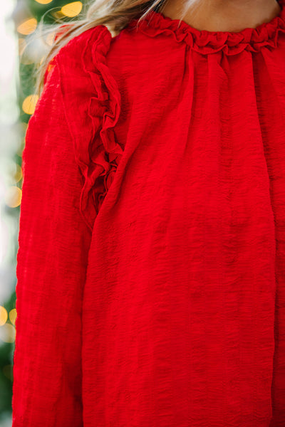 Chic Women's Fiery Red Textured Long Sleeve Blouse with Ruffles - Perfect Stylish Top for Everyday Elegance