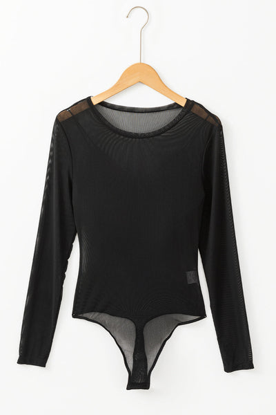 Elegant Women's Black Mesh Long Sleeve Bodysuit - Stylish Slim Fit for Comfort and Versatility in Every Occasion