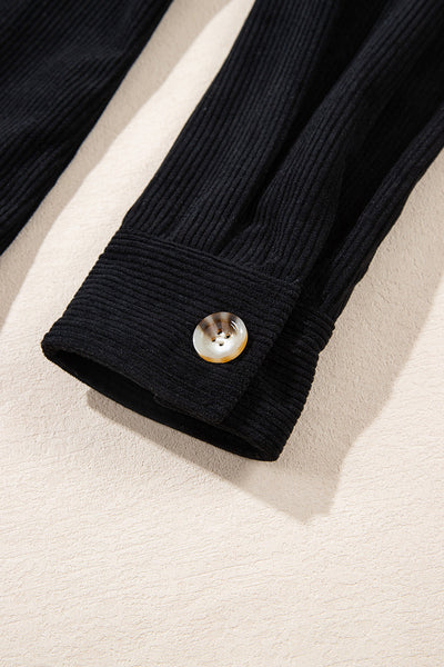 Stylish Women's Black Corduroy Hooded Shacket with Drawstring and Pockets - Perfect Casual Layering for Every Season