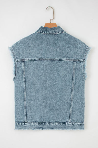 Stylish Women's Distressed Frayed Denim Vest for Effortless Casual Looks - Trendy Layering Piece in Fashionable Blue