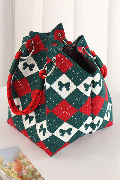 Women's Retro Argyle Bow Knit Bucket Bag in Fiery Red