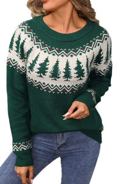Women's Retro Forest Green Fair Isle Tree Sweater