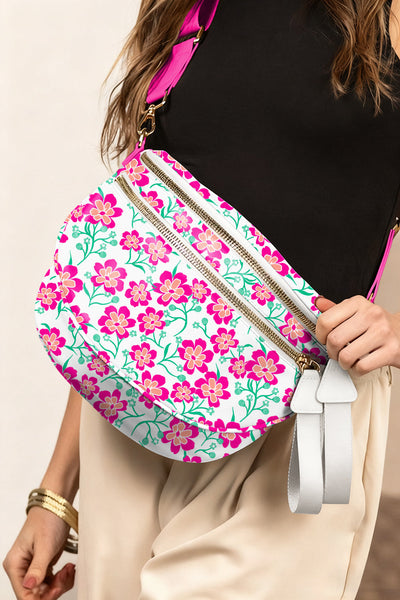 Women's Botanical Canvas Crescent Crossbody Bag in Fuchsia Floral