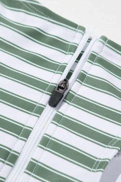 Striped Zip-Up Racerback High Waist Bikini Set in White