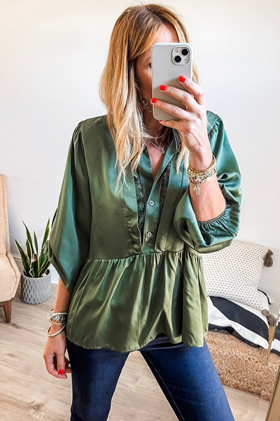Elegant Mist Green Satin Peplum Blouse for Women with Lace Neckline & 3/4 Sleeves - Chic Casual Elegance