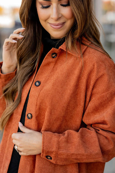 Chic Women's Oversized Gold Flame Corduroy Shacket with Side Slits - Trendy Layering Essential for Stylish Fall Outfits