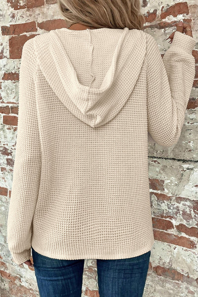 Women's Cozy Apricot Waffle Knit Hoodie with Button V-Neck and Drawstring - Loose-Fit Thermal Top for Ultimate Comfort