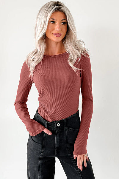 Chic Mineral Red Ribbed Long Sleeve Bodysuit for Women - Fitted Crew Neck Top for Effortless Style & Versatile Looks
