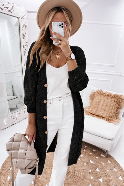 Chic Women's Black Hollow-Out Knit Cardigan for Stylish Layering - Lightweight, Openwork Design, Perfect for All Seasons