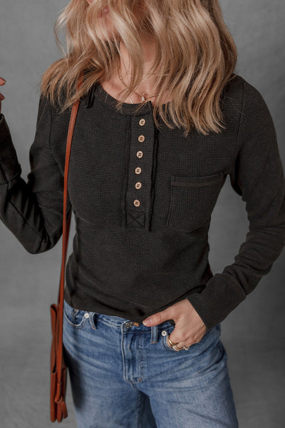 Women's Casual Black Mineral Wash Long Sleeve Henley Top with Waffle Knit and Pocket Perfect for Everyday Wear