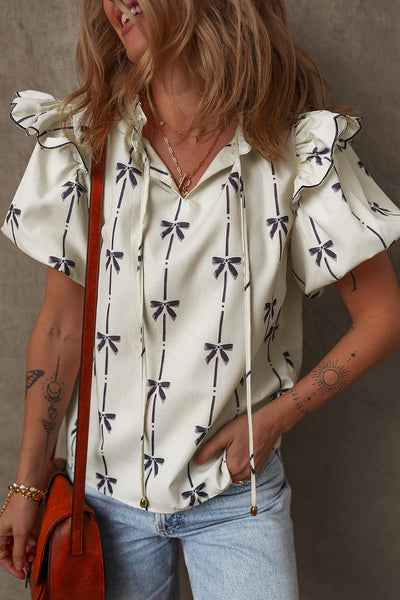 Women's Bow Print Ruffle Shoulder Puff Sleeve Blouse in Cream