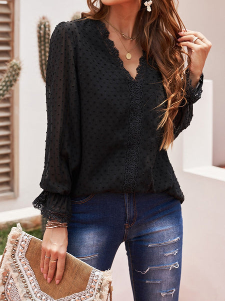 Chic Lace Panel Long Sleeve Blouse