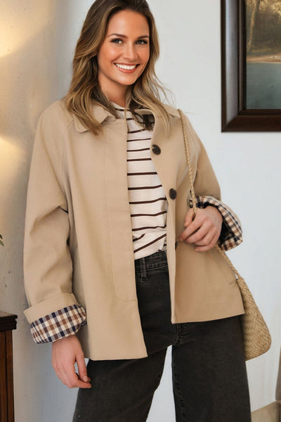 Women's Parchment Plaid-Lined Single-Breasted Short Trench Coat