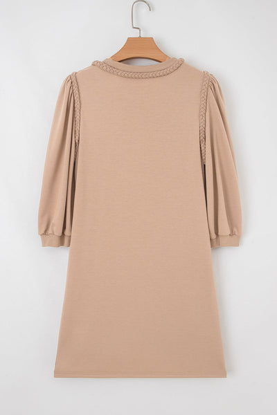 Plus Size Women's Light Beige 3/4 Sleeve Shift Dress with Braided Trim for Effortless Casual Chic Style