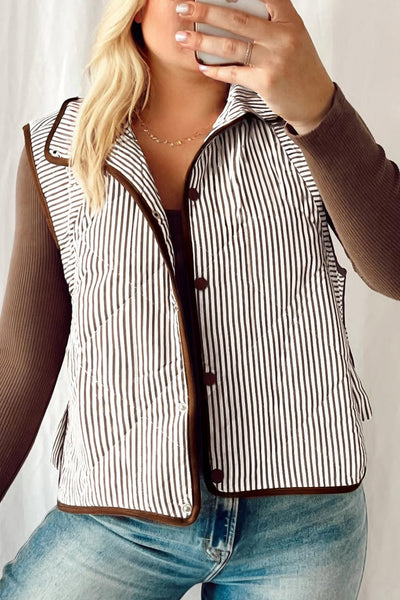 Plus Size Women's Brown Striped Quilted Vest with Wavy Hem & Snap Buttons Trendy Layering Essential for Fall