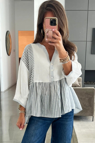 Chic Women's Gray Stripe Babydoll Blouse with Bracelet Sleeves & Half Button Detail - Trendy Patchwork Design