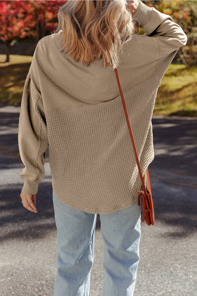 Women's Cozy Parchment Waffle Knit Half-Zip Sweatshirt - Stylish Patchwork Design for Effortless Casual Chic