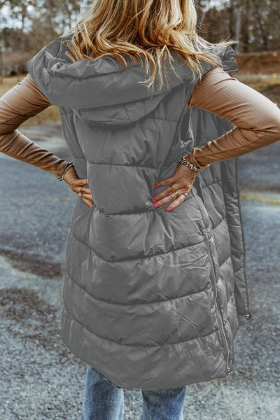 Women's Stylish Dark Grey Hooded Quilted Long Vest Coat - Cozy Winter Outerwear for Ultimate Warmth and Comfort