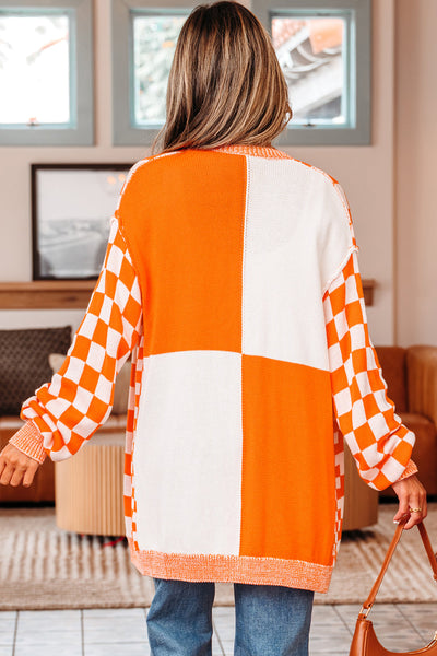 Cozy Women's Orange Checkered Cardigan - Stylish Knit Layer for Effortless Casual Looks and Comfortable Layering
