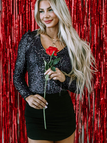 Sparkling Black Sequin V Neck Long Sleeve Bodysuit