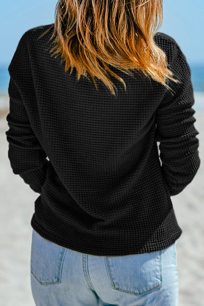 Cozy Women's Black Waffle Knit Long Sleeve Top with Drop Shoulders - Relaxed Casual Essential for Everyday Style
