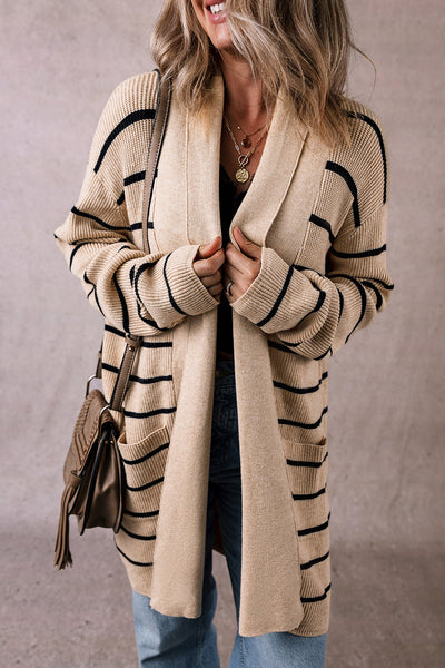 Chic Women's Black Stripe Open Cardigan with Shawl Neckline and Pockets - Cozy Layering Essential for Every Occasion