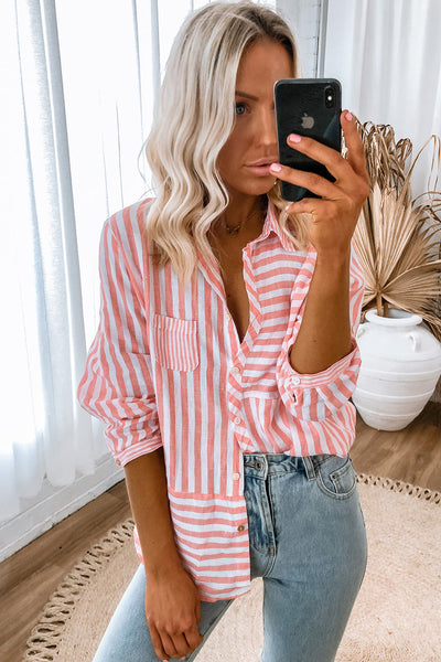 Women's Casual Long Sleeve Pink Striped Button-Up Shirt - Stylish Everyday Top for Effortless Outfits