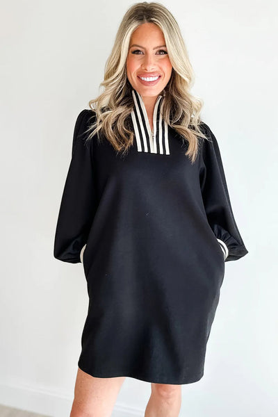 Trendy Women's Black Striped Patchwork Mini Dress with Zip Neck Long Sleeve Shift Style for Chic Casual Outings