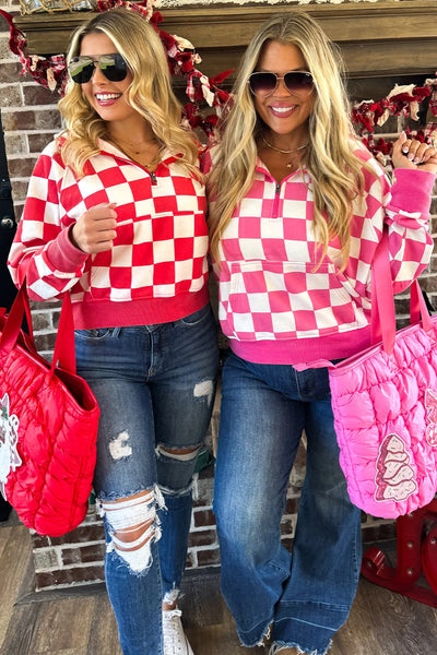 Women's Red Checkered Half Zip Hoodie & Loose Fit Pants Lounge Set for Cozy Casual Style and Comfort