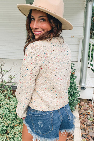 Trendy Women's Apricot Confetti Print Puff Sleeve Sweater - Cozy Fall Fashion Essential for Effortless Style
