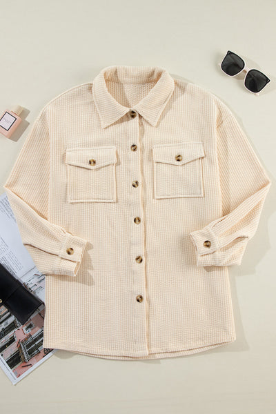 Cozy Women's Oatmeal Corduroy Shacket with Flap Pockets - Casual Button-Up Layer for Stylish Fall Outfits
