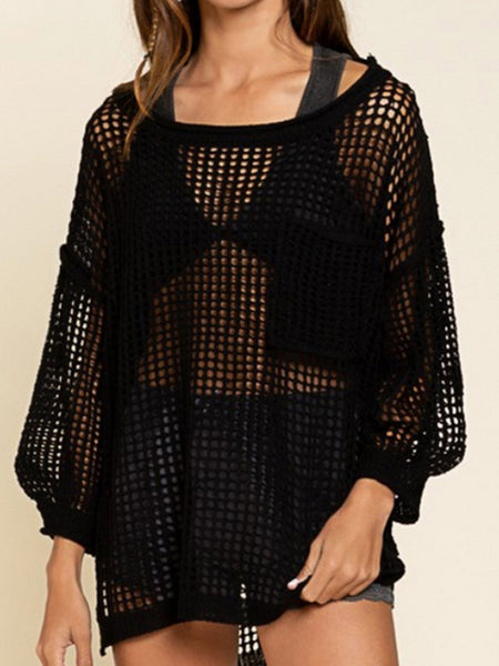 Sexy Black Crochet Fishnet Long Sleeve Beach Cover-Up