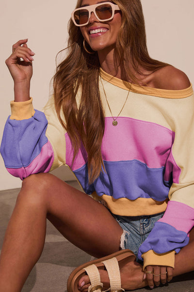 Trendy Women's Color Block Cropped Sweatshirt with Drop Shoulders in Chic Patchwork Design for Casual Comfort