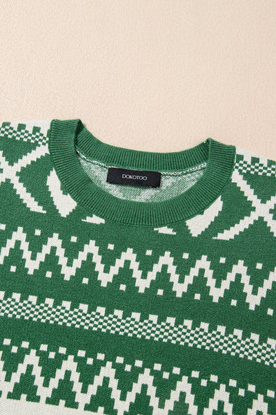 Women's Emerald Green Geometric Intarsia Knit Pullover
