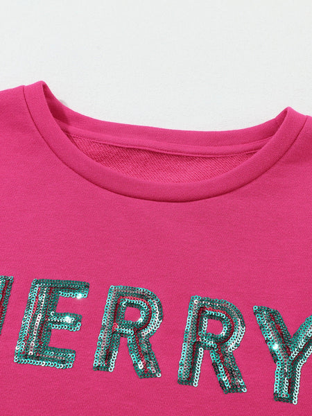 Sequin Merry Christmas Pink Patchwork Sweatshirt with Strawberry Tree Details
