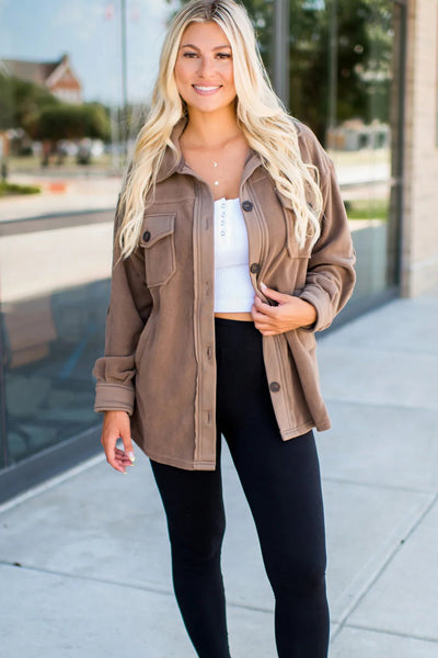 Cozy Women's Dark Khaki Fleece Shacket with Exposed Seams & Button Closure - Stylish Casual Wear for Everyday Comfort