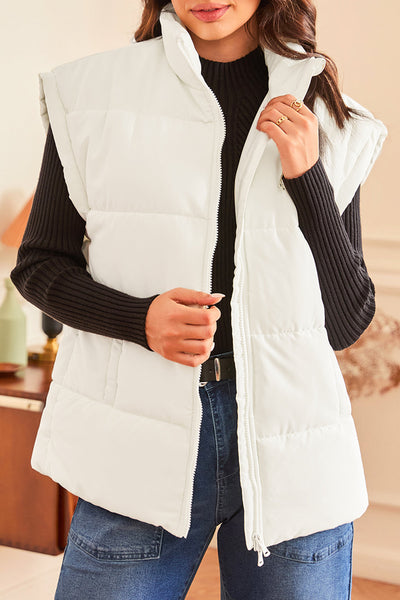 Cozy Women's Oversized Beige Puffer Vest with Zipper Neck - Stylish Cold Weather Outerwear for Ultimate Comfort