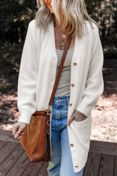Chic Women's White Fuzzy Midi Cardigan - Cozy Button-Up Layer for Soft, Stylish Fall Fashion