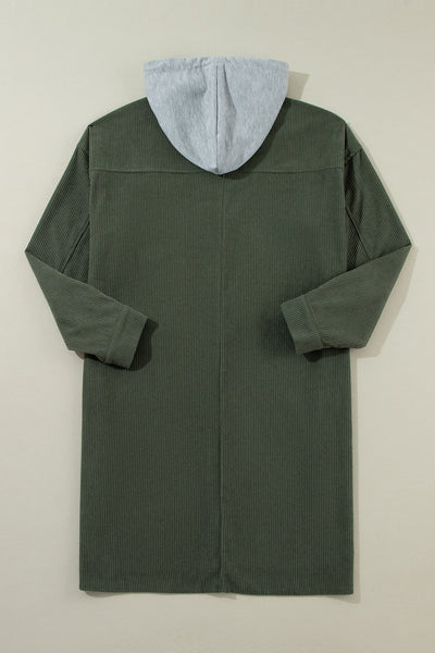 Stylish Women's Jungle Green Oversized Corduroy Hooded Shacket with Contrast Details for Ultimate Comfort