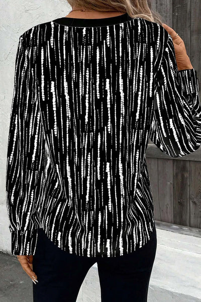 Chic Women's Black Abstract Print V-Neck Blouse - Comfortable Fall Top for Layering & Everyday Style