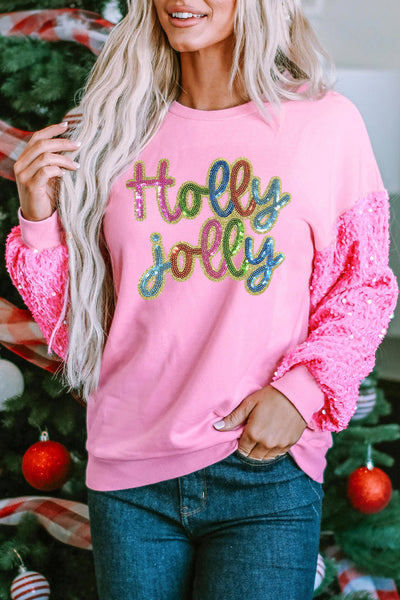 Women's Holly Jolly Pink Sequin Sleeve Holiday Sweatshirt