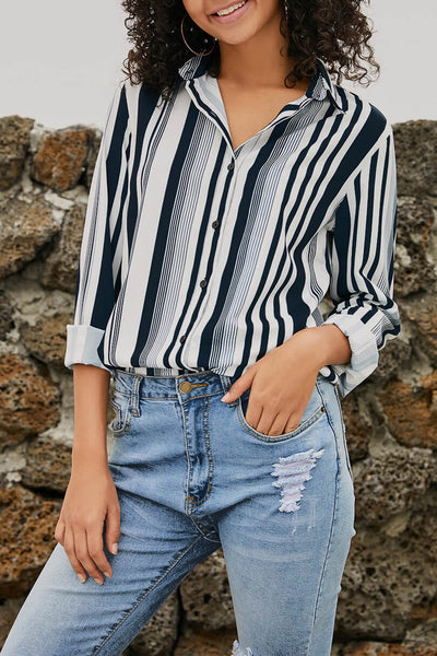 Chic Women's White and Navy Striped Shirt - Comfortable Fit for Effortless Everyday Style and Casual Elegance
