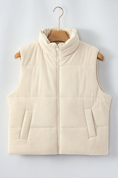 Women's Beige Corduroy Stand Neck Puffer Vest with Zipper