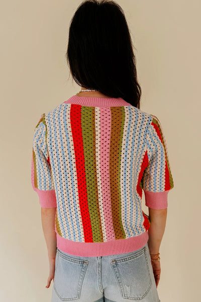 Women's Multi-Color Pointelle Knit Striped Short Sleeve Sweater