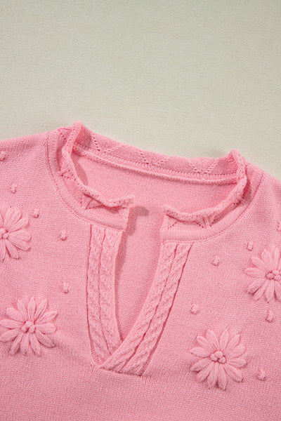 Women's Peach Blossom Knit Sweater with Notched Neck and Floral Details - Cozy, Stylish, Perfect for Spring Outfits