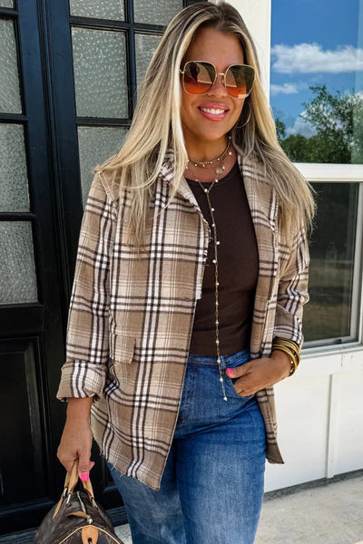Trendy Women's Khaki Plaid Shacket with Raw Edge - Stylish Open Front Layer for Casual Chic Outfits